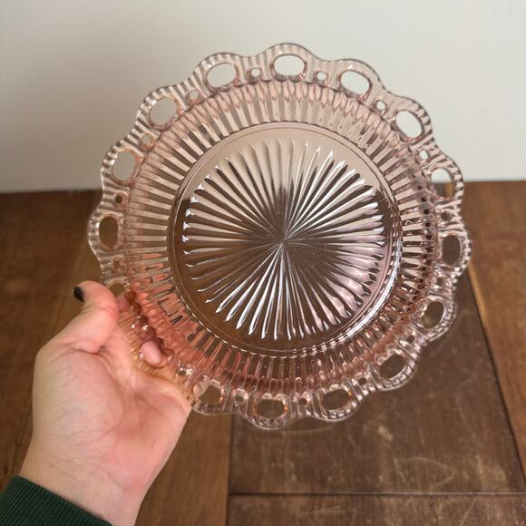 Depression Era Pink Glass Ribbed Lace Edge Serving Candy Bowl - Picture 4 of 6
